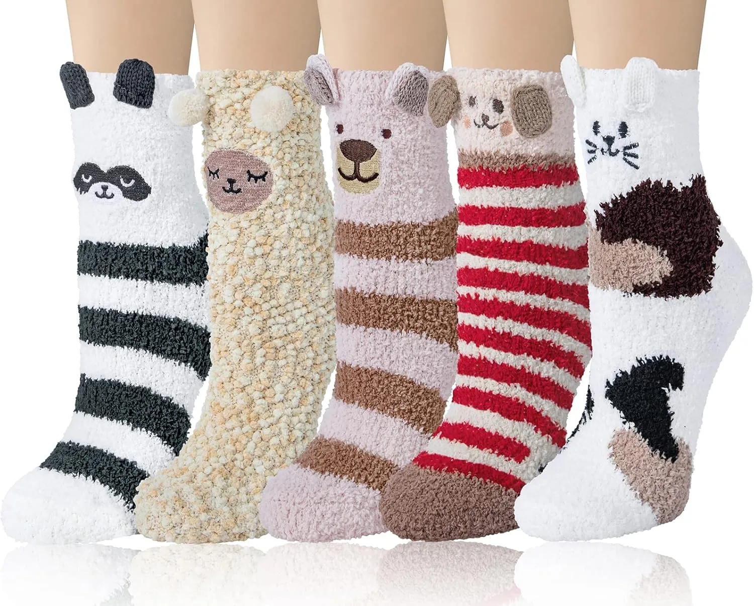 5 Pairs Womens Fuzzy Socks Cozy Soft Fluffy Cute Cat Animal Winter Warm Slipper Socks Christmas Stocking Stuffers