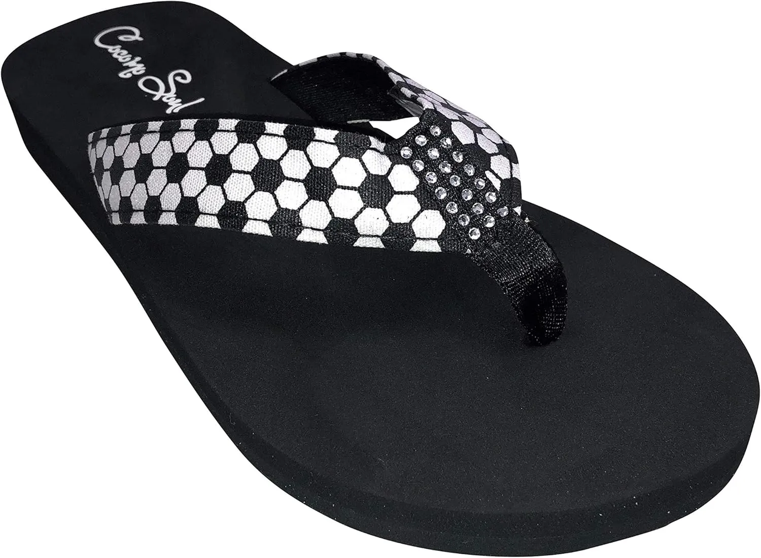 Cocomo Soul Soccer Fabric Canvas Flip Flops Soccer Mom Flip Flops Soccer Sandals Soccer Flip Flops for Women Rhinestone Accents Soccer flip flops for Girls