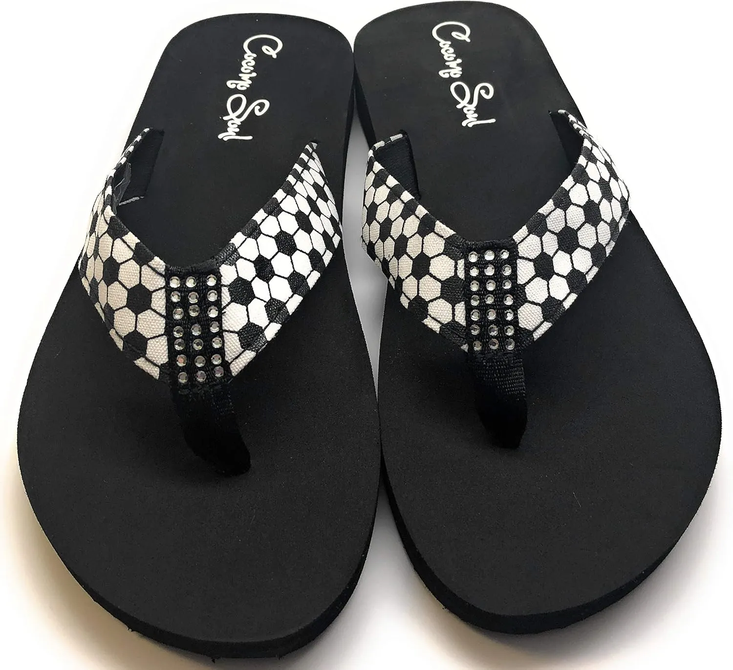 Cocomo Soul Soccer Fabric Canvas Flip Flops Soccer Mom Flip Flops Soccer Sandals Soccer Flip Flops for Women Rhinestone Accents Soccer flip flops for Girls