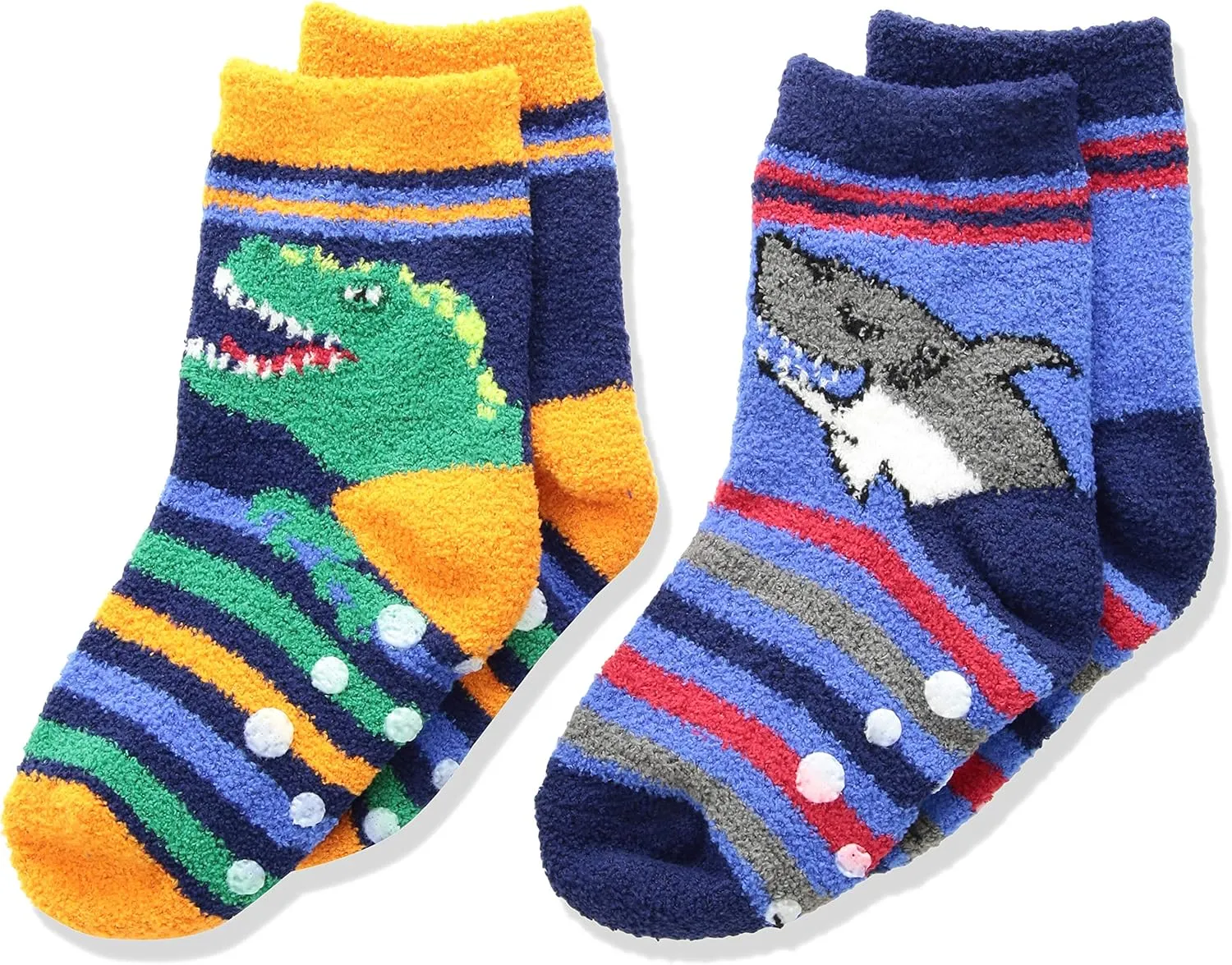 Jefferies Socks Boys' Little Dinosaur and Shark Fuzzy Non-Skid Slipper Socks 2 Pair Pack