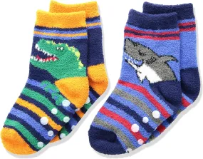 Jefferies Socks Boys' Little Dinosaur and Shark Fuzzy Non-Skid Slipper Socks 2 Pair Pack
