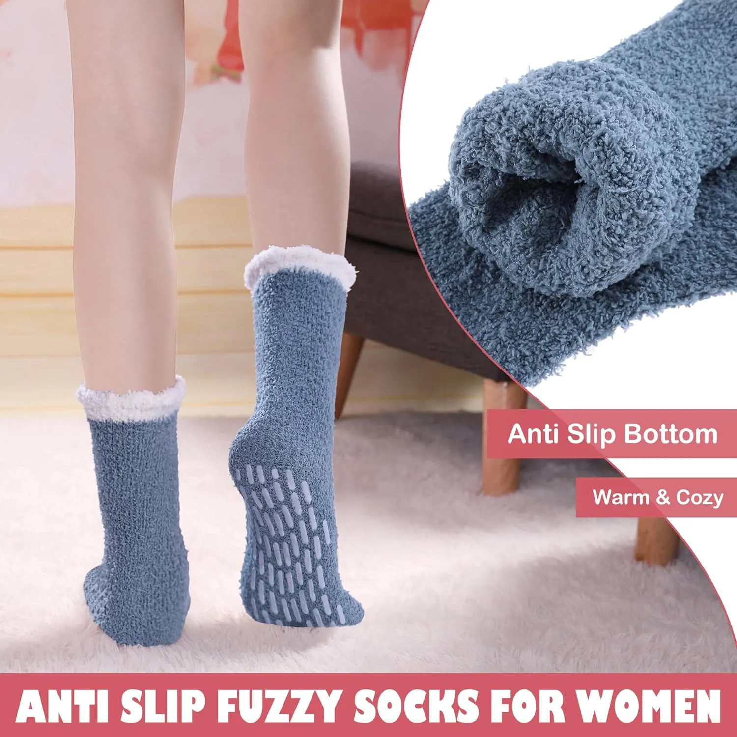 LINEMIN Non-Slip Fuzzy Socks for Women - Cozy Hospital Soft Fluffy Socks With Grips - Winter Warm Slipper