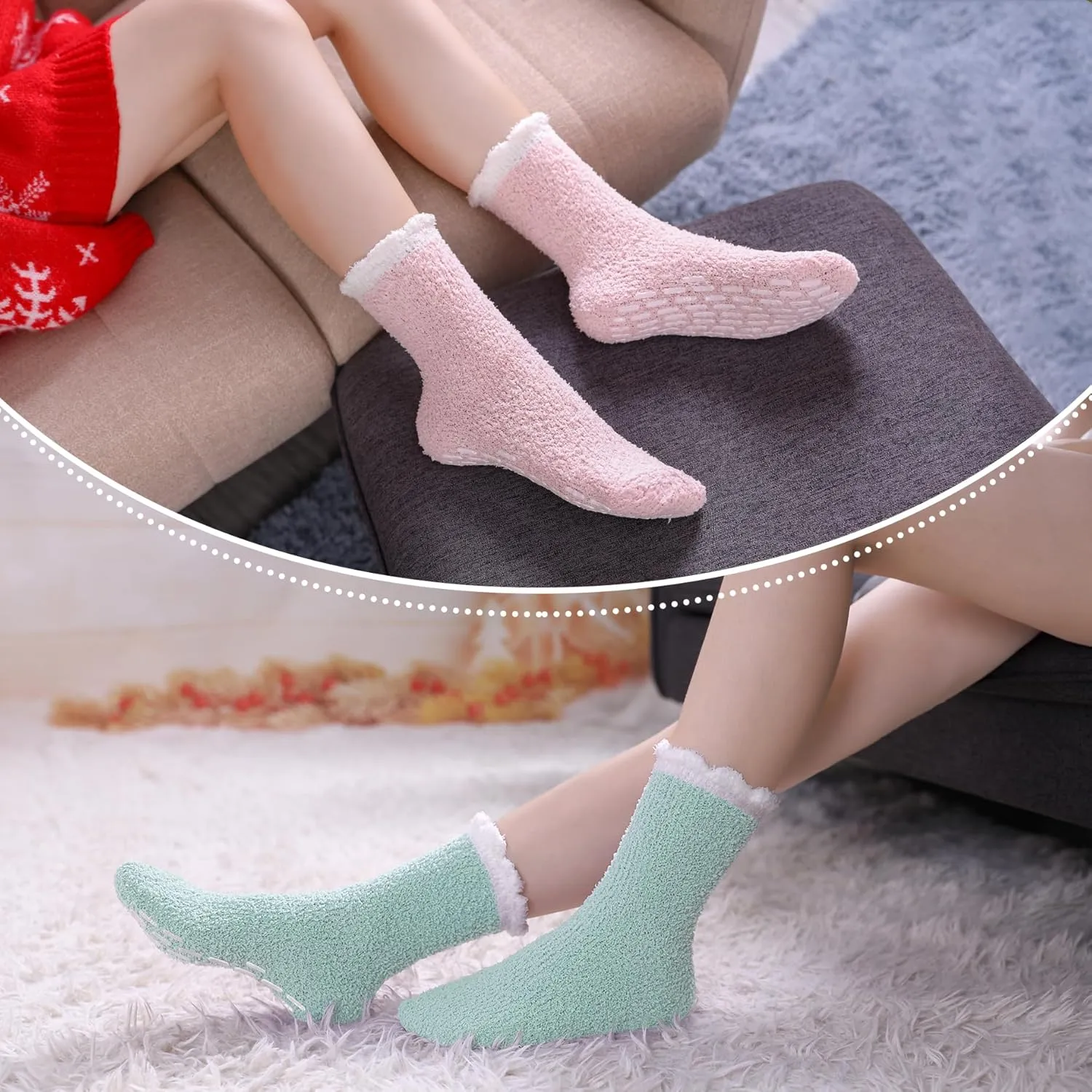 LINEMIN Non-Slip Fuzzy Socks for Women - Cozy Hospital Soft Fluffy Socks With Grips - Winter Warm Slipper