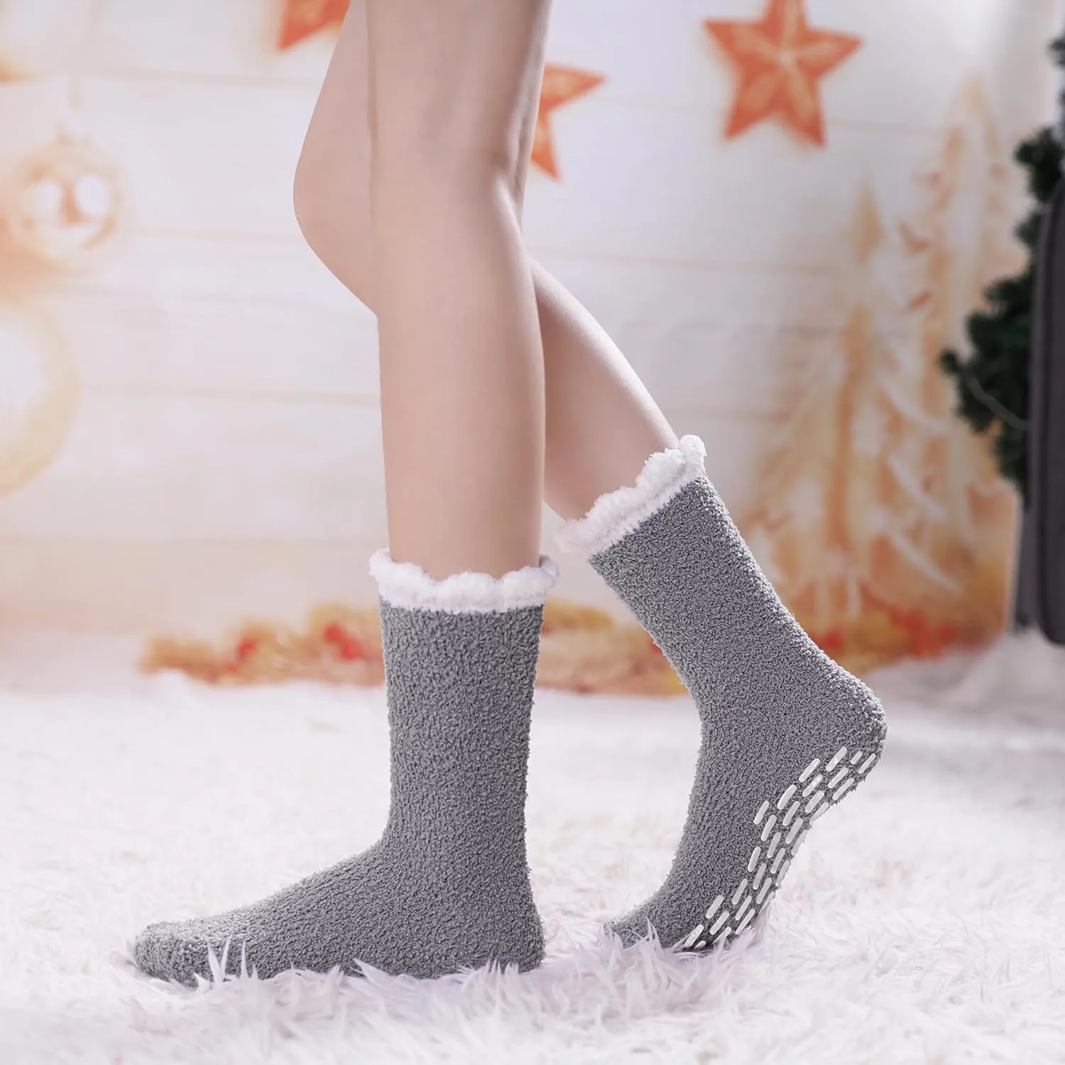 LINEMIN Non-Slip Fuzzy Socks for Women - Cozy Hospital Soft Fluffy Socks With Grips - Winter Warm Slipper