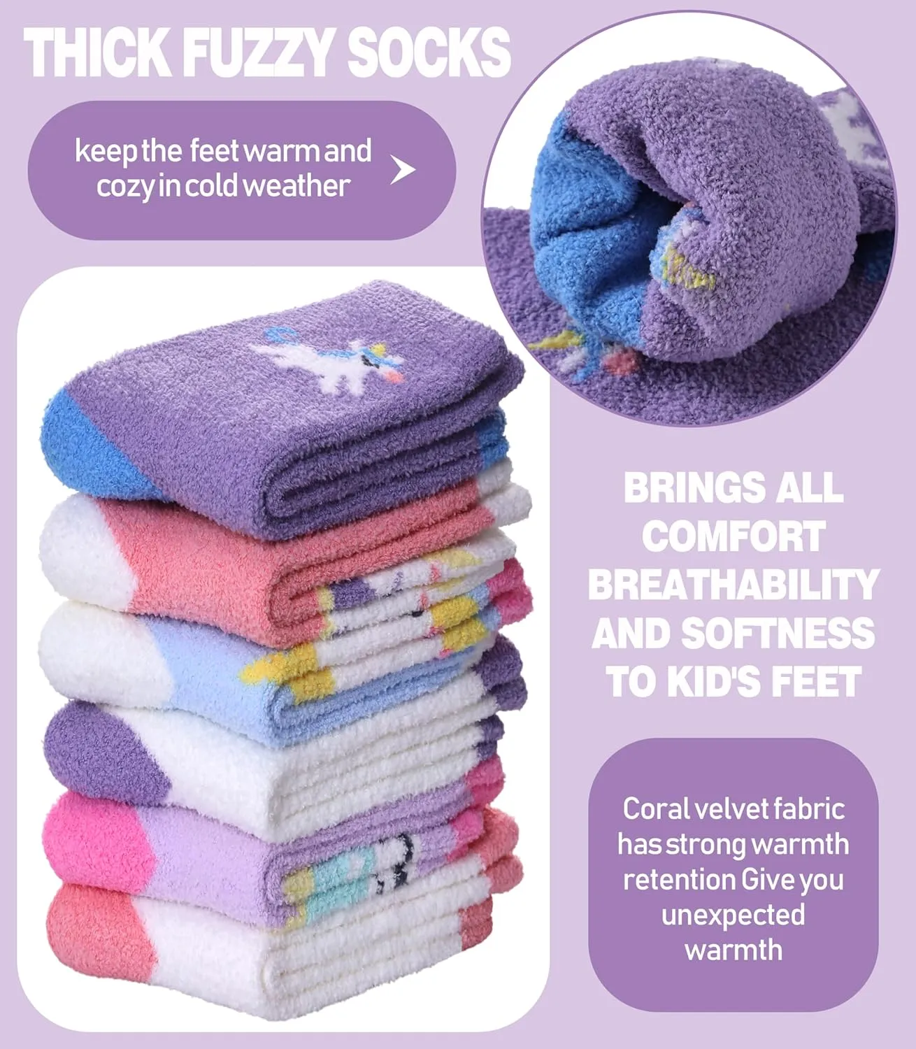 MQELONG Kids Non Slip Fuzzy Socks Girls with Grips Slipper Socks Cozy Fluffy Winter Warm Crew Gift Socks 6 Pack