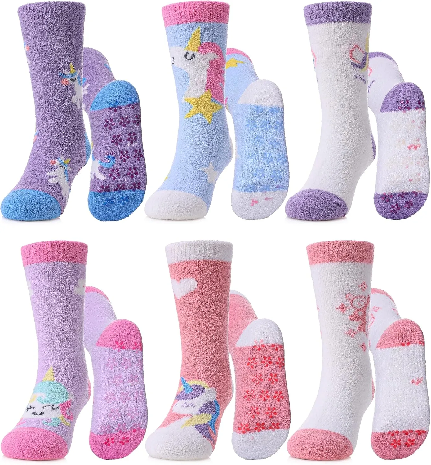 MQELONG Kids Non Slip Fuzzy Socks Girls with Grips Slipper Socks Cozy Fluffy Winter Warm Crew Gift Socks 6 Pack