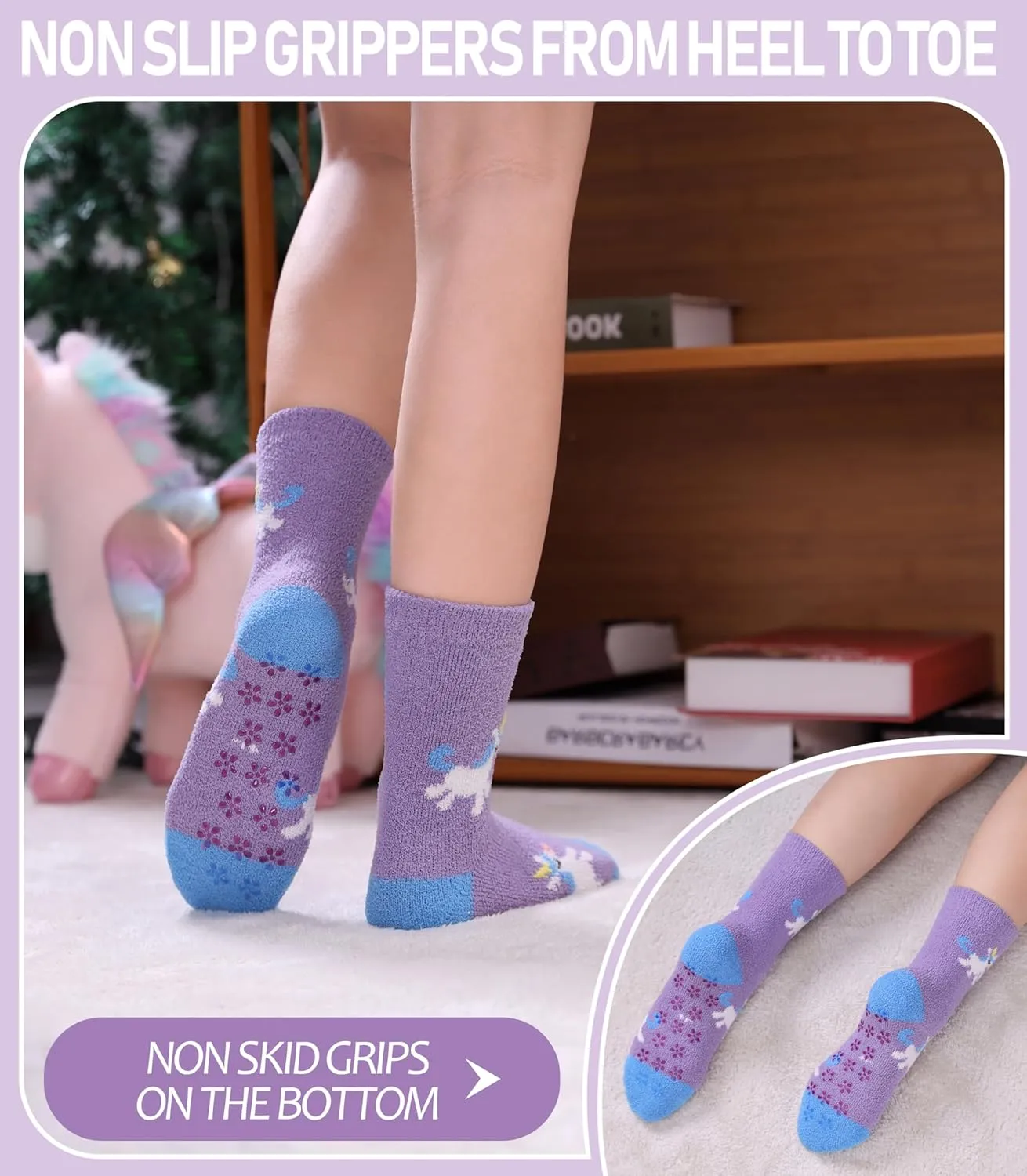 MQELONG Kids Non Slip Fuzzy Socks Girls with Grips Slipper Socks Cozy Fluffy Winter Warm Crew Gift Socks 6 Pack
