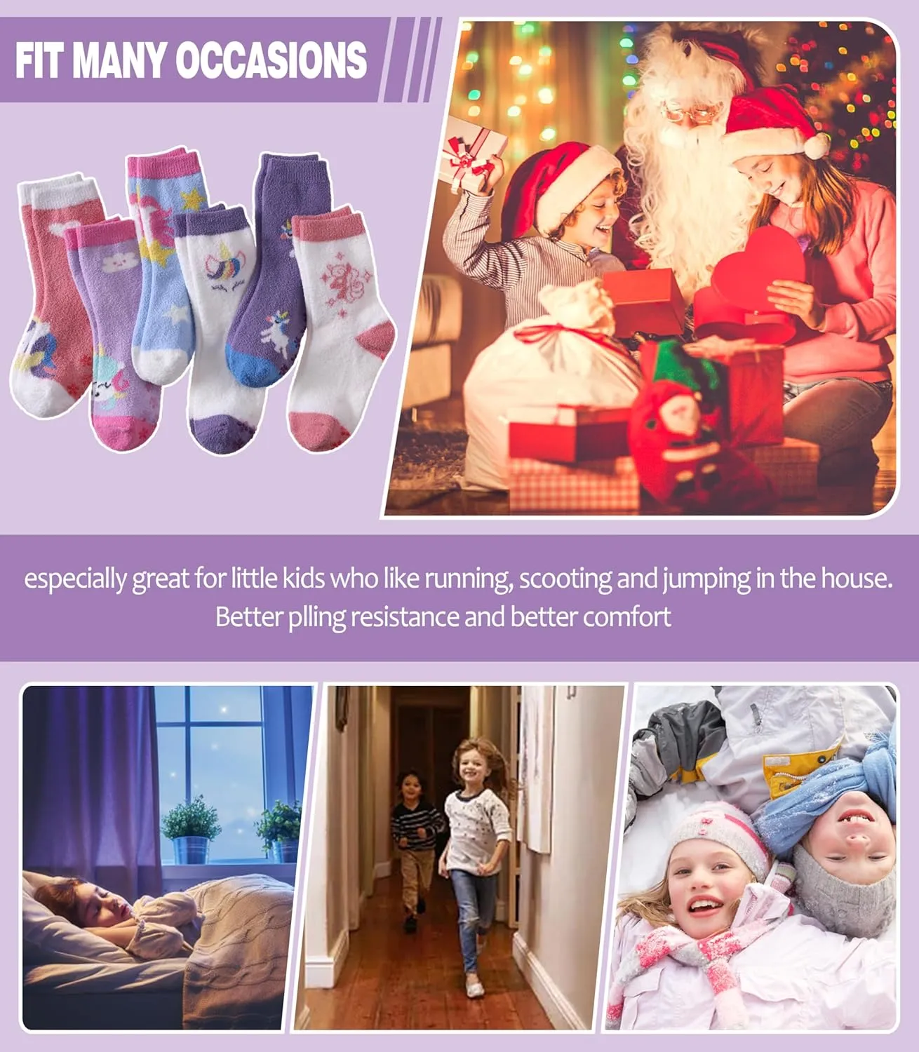 MQELONG Kids Non Slip Fuzzy Socks Girls with Grips Slipper Socks Cozy Fluffy Winter Warm Crew Gift Socks 6 Pack