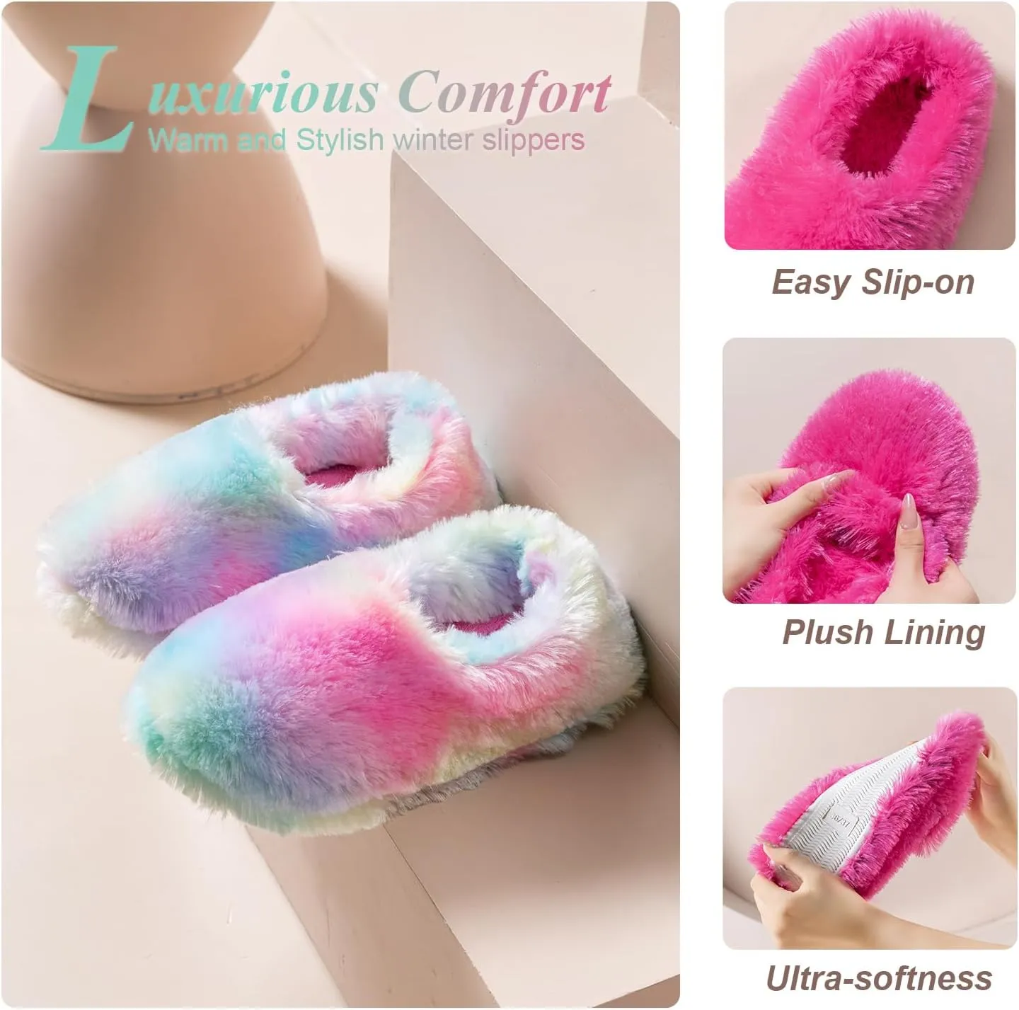 Onmygogo Fuzzy Winter Indoor Slippers for Women