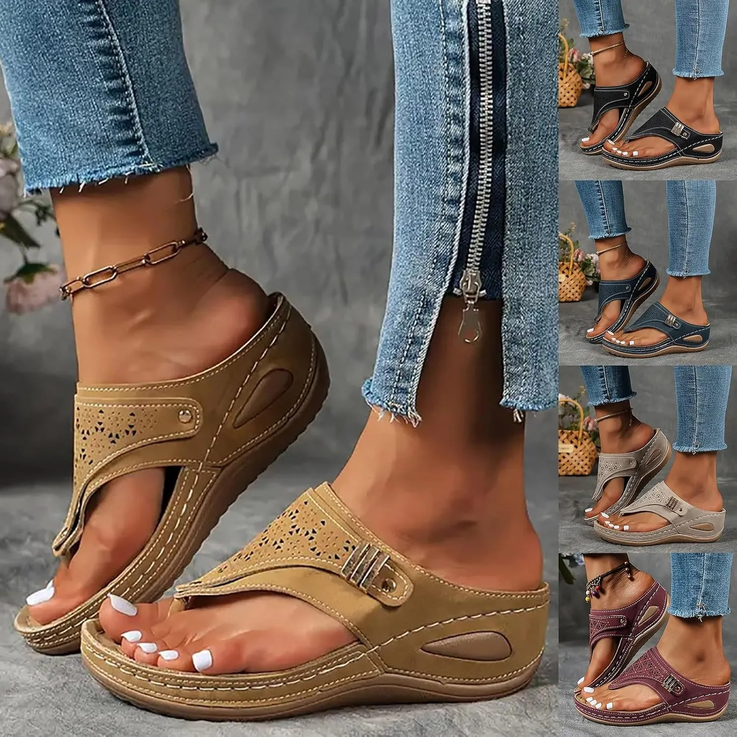 Orthopedic Sandals for Women Arch Support, Women Dressy Summer Wedge Sandals Comfortable Cushion Sandal Slip On Walking Sandal Lightweight Non-Slip Slippers Boho Beach Shoes
