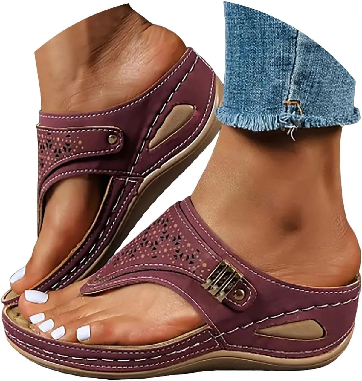 Orthopedic Sandals for Women Arch Support, Women Dressy Summer Wedge Sandals Comfortable Cushion Sandal Slip On Walking Sandal Lightweight Non-Slip Slippers Boho Beach Shoes