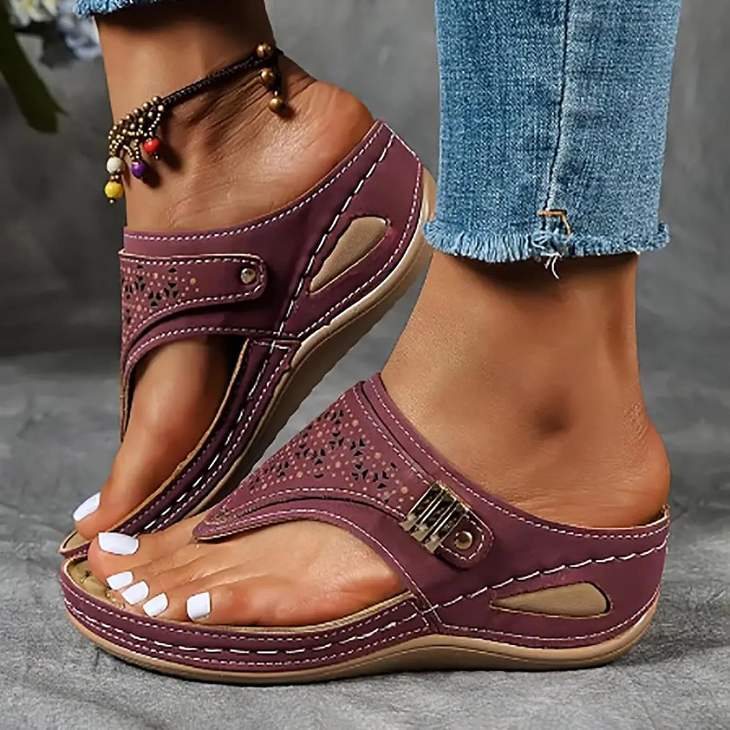 Orthopedic Sandals for Women Arch Support, Women Dressy Summer Wedge Sandals Comfortable Cushion Sandal Slip On Walking Sandal Lightweight Non-Slip Slippers Boho Beach Shoes