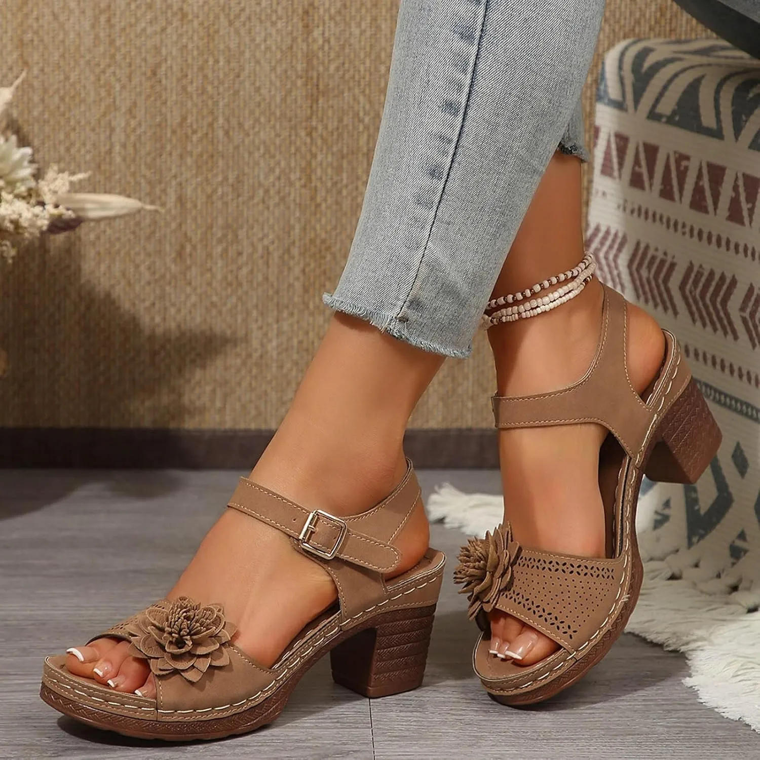 Orthopedic Wedge Sandals for Women Summer Beach Chunky Slip On Sandals Elegant Platform Casual Adjustable Ankle Strap Walking Shoes Open Toe Low Heel Slides Shoes with Flowers