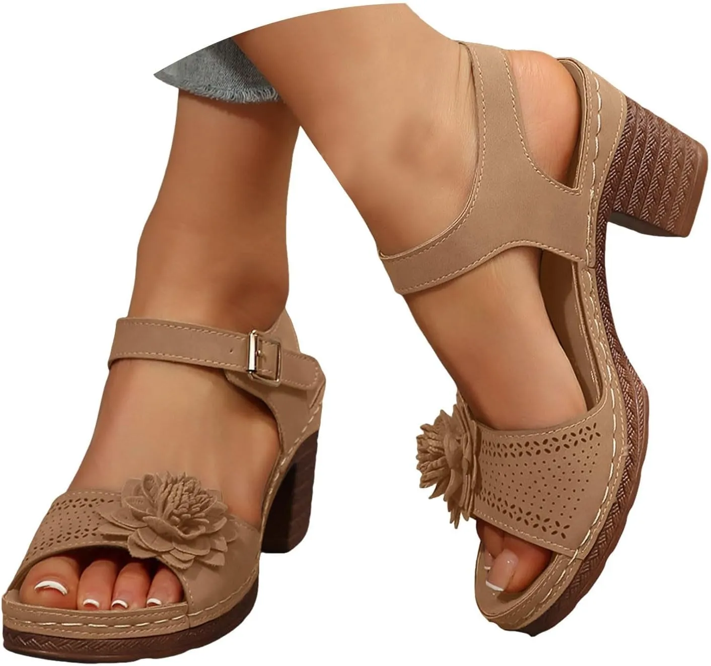 Orthopedic Wedge Sandals for Women Summer Beach Chunky Slip On Sandals Elegant Platform Casual Adjustable Ankle Strap Walking Shoes Open Toe Low Heel Slides Shoes with Flowers