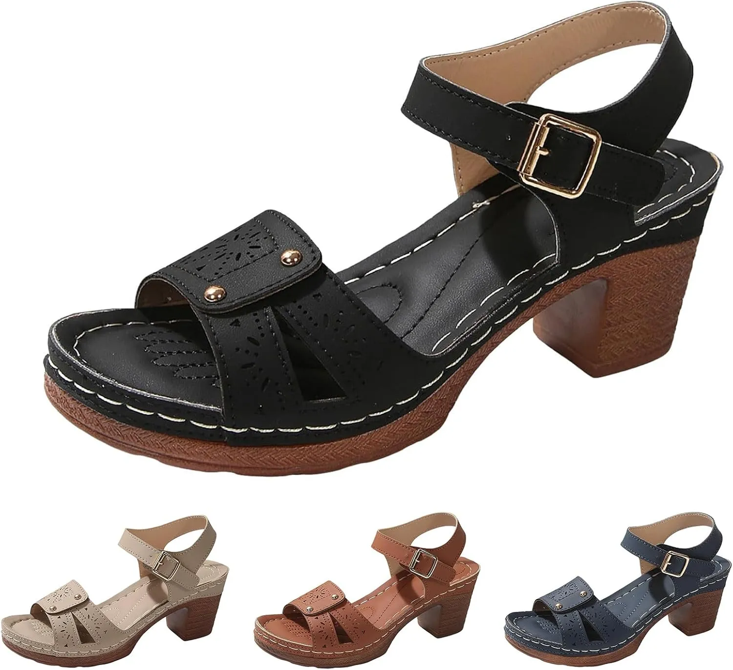 Platform High Heels for Women Summer Comfortable Adjustable Casual Non Slip Sandals Round Open Toe Ankle Strap Slingback Sandals Hollow Out Breathable Leather Shoes