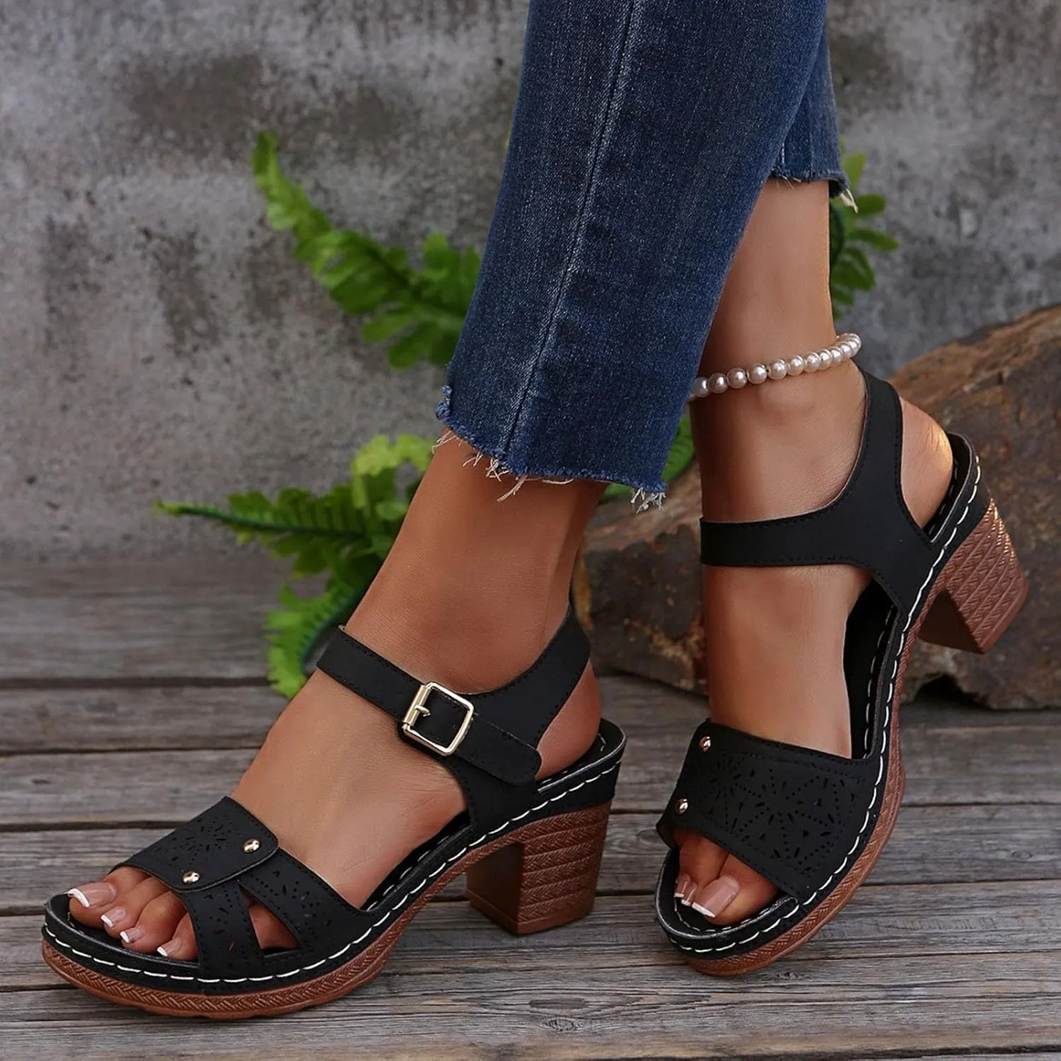 Platform High Heels for Women Summer Comfortable Adjustable Casual Non Slip Sandals Round Open Toe Ankle Strap Slingback Sandals Hollow Out Breathable Leather Shoes