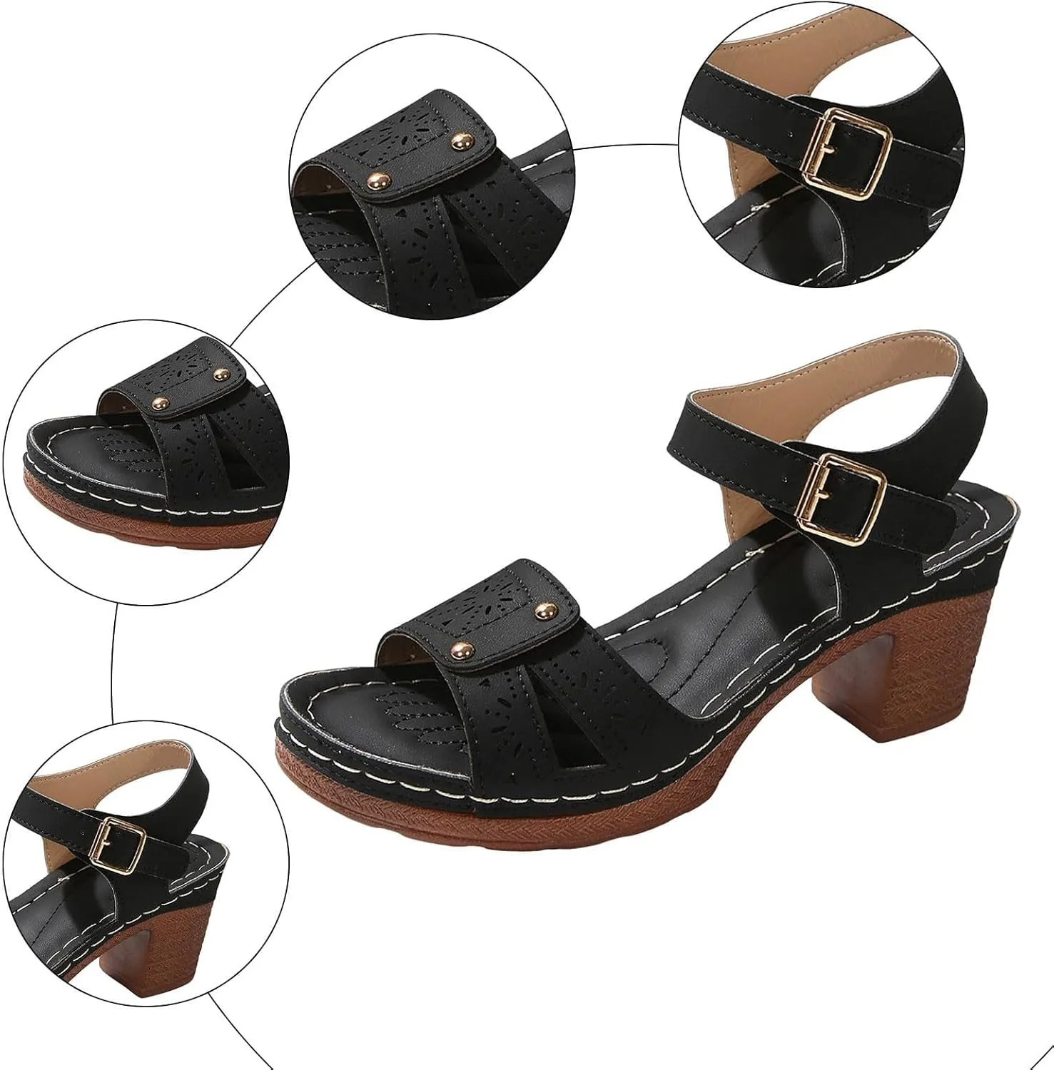 Platform High Heels for Women Summer Comfortable Adjustable Casual Non Slip Sandals Round Open Toe Ankle Strap Slingback Sandals Hollow Out Breathable Leather Shoes