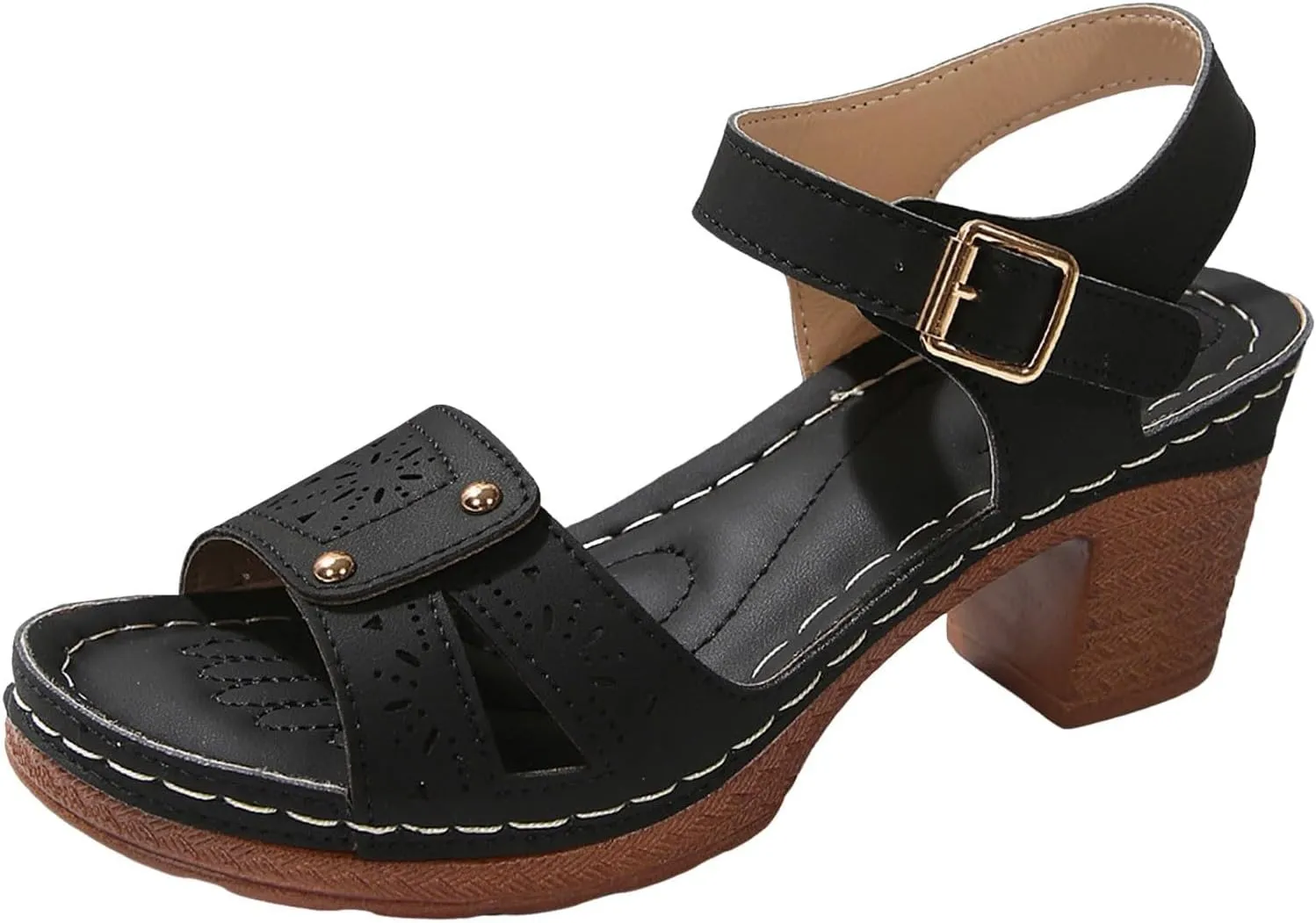 Platform High Heels for Women Summer Comfortable Adjustable Casual Non Slip Sandals Round Open Toe Ankle Strap Slingback Sandals Hollow Out Breathable Leather Shoes