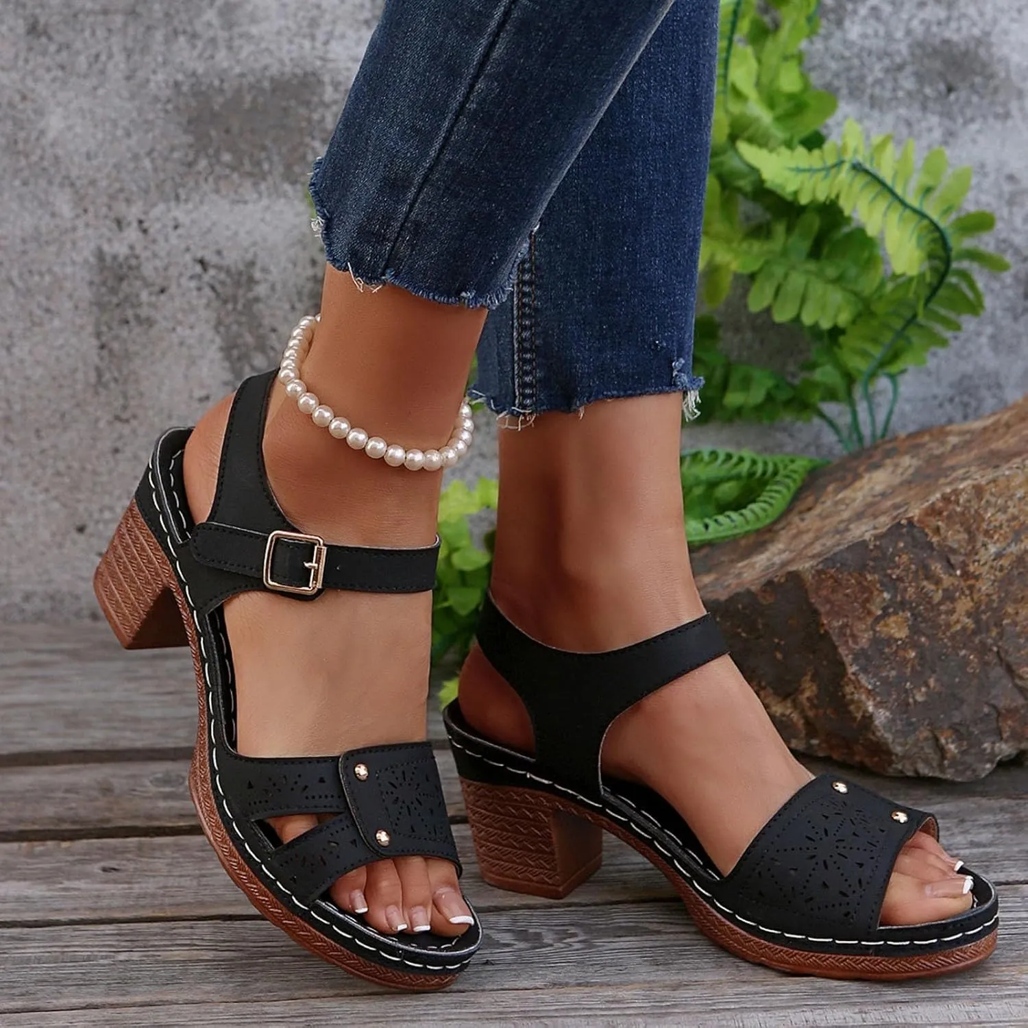 Platform High Heels for Women Summer Comfortable Adjustable Casual Non Slip Sandals Round Open Toe Ankle Strap Slingback Sandals Hollow Out Breathable Leather Shoes