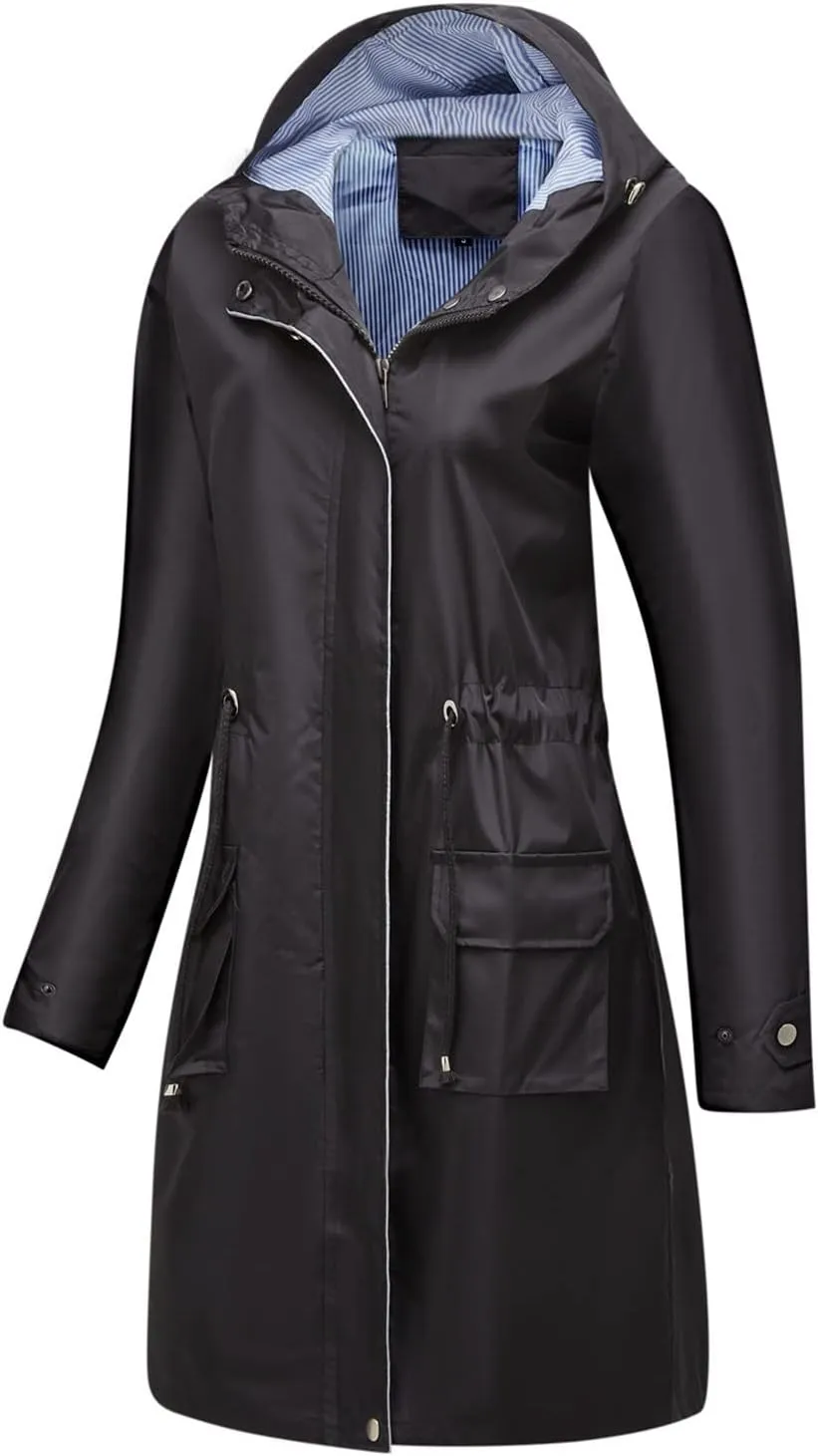 Waterproof Rain Jackets for Women Lightweight Packable Raincoat Casual Solid Rain Coat Mid Length Windbreaker