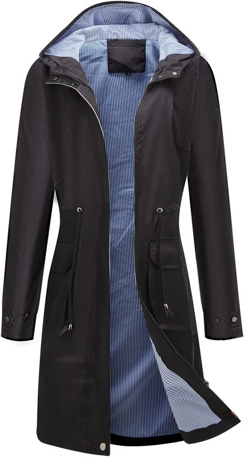 Waterproof Rain Jackets for Women Lightweight Packable Raincoat Casual Solid Rain Coat Mid Length Windbreaker