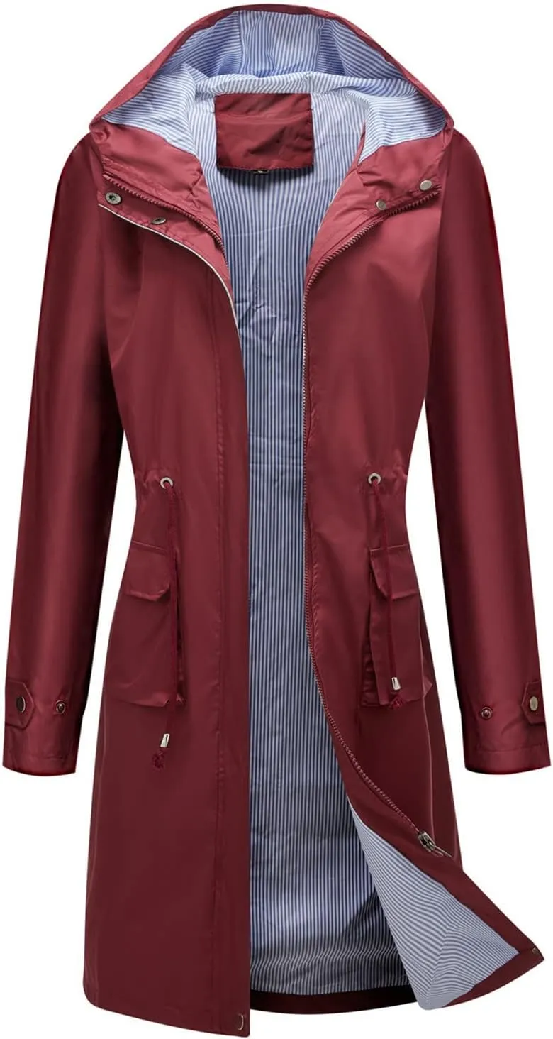 Waterproof Rain Jackets for Women Lightweight Packable Raincoat Casual Solid Rain Coat Mid Length Windbreaker