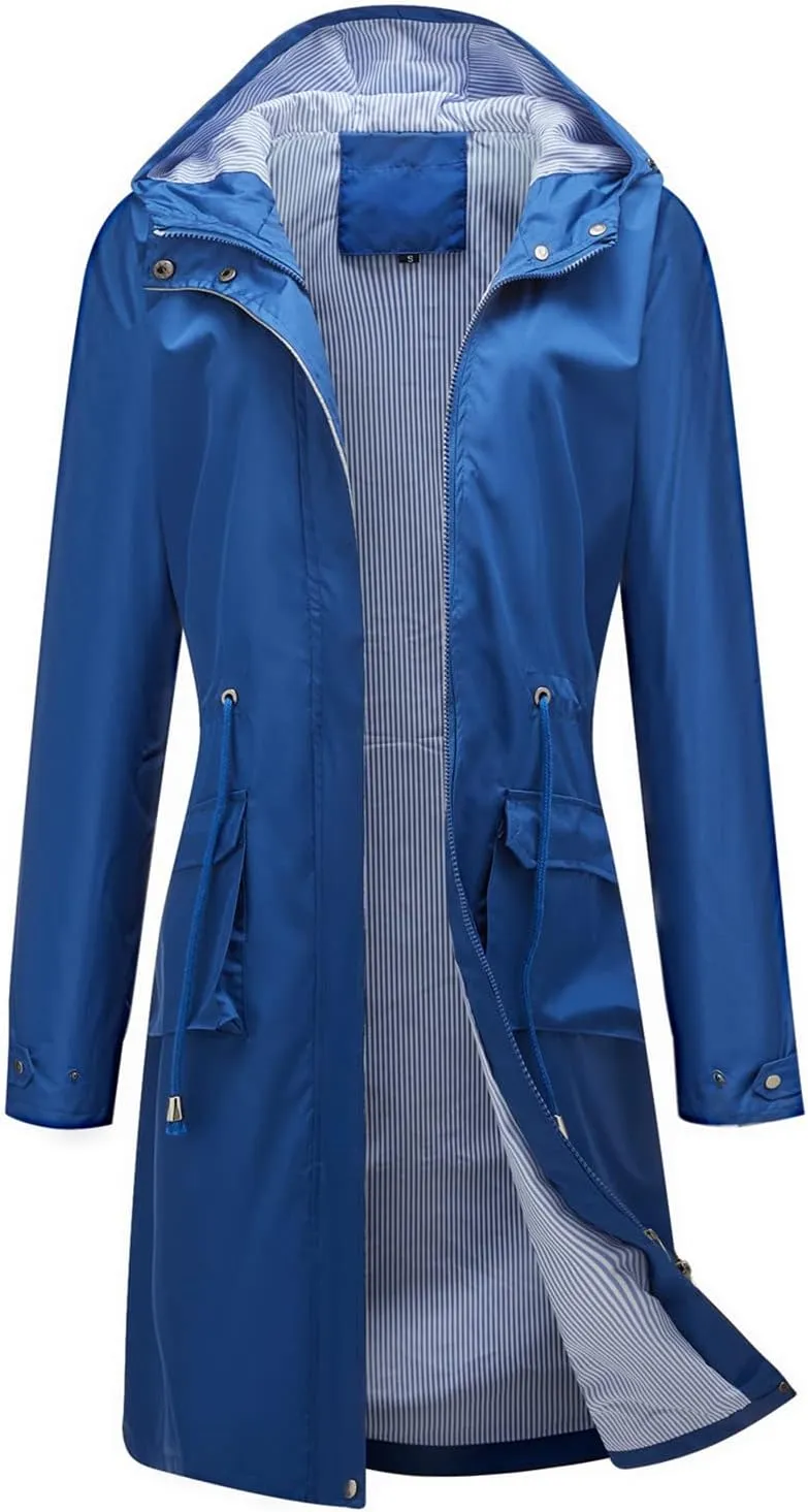 Waterproof Rain Jackets for Women Lightweight Packable Raincoat Casual Solid Rain Coat Mid Length Windbreaker