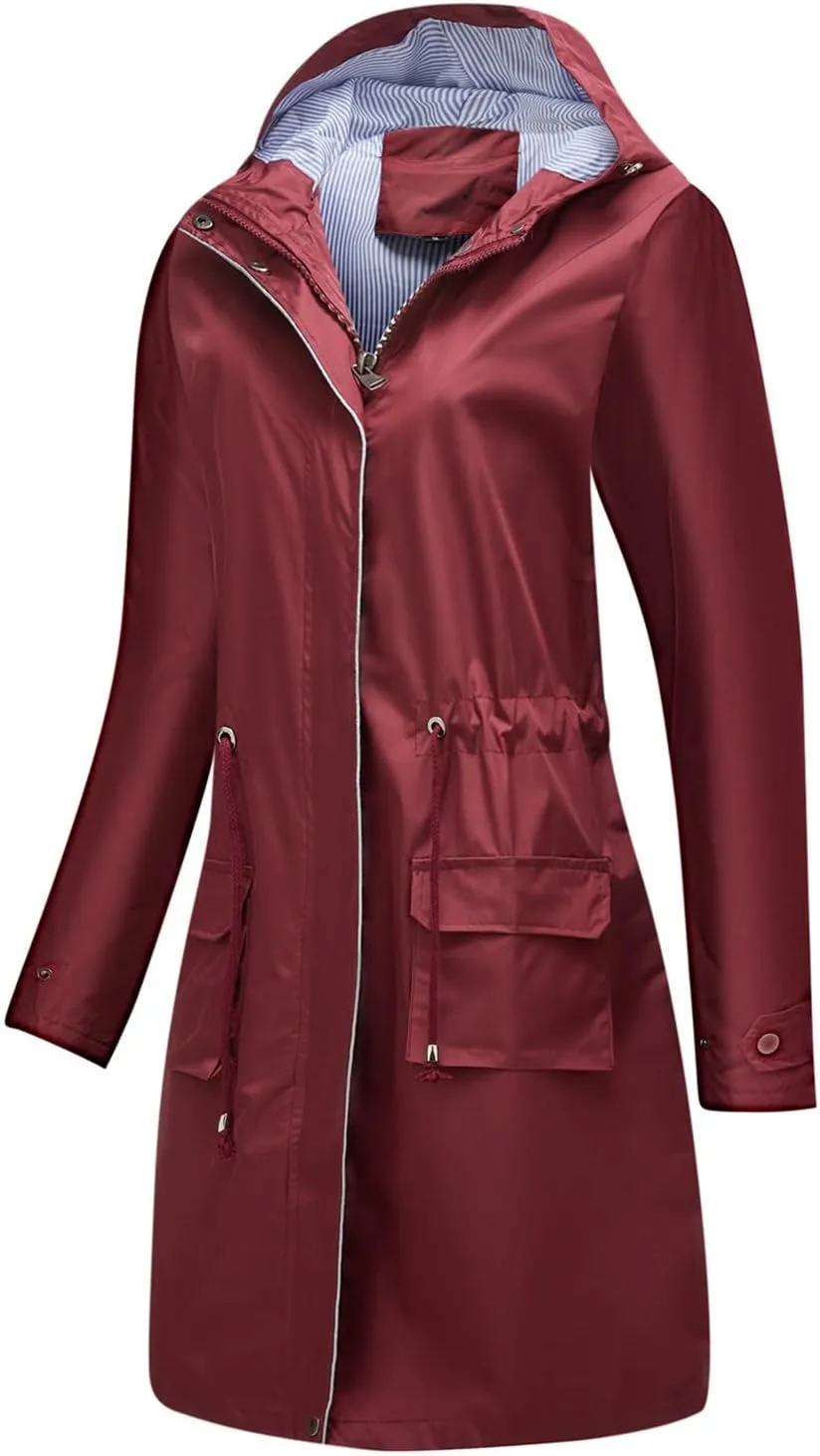 Waterproof Rain Jackets for Women Lightweight Packable Raincoat Casual Solid Rain Coat Mid Length Windbreaker