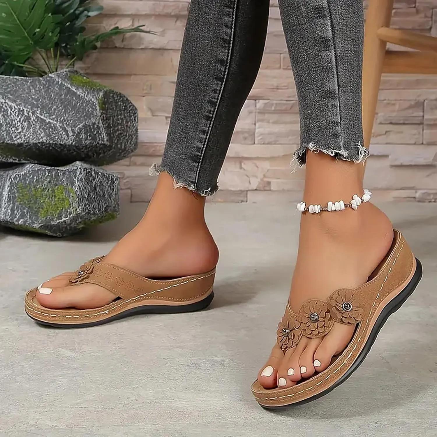 Wedge Sandals for Women Low Heel,Classic Open Toe Sandals with Back Zipper Sparkly Rhinestone Hollow Summer Sandals