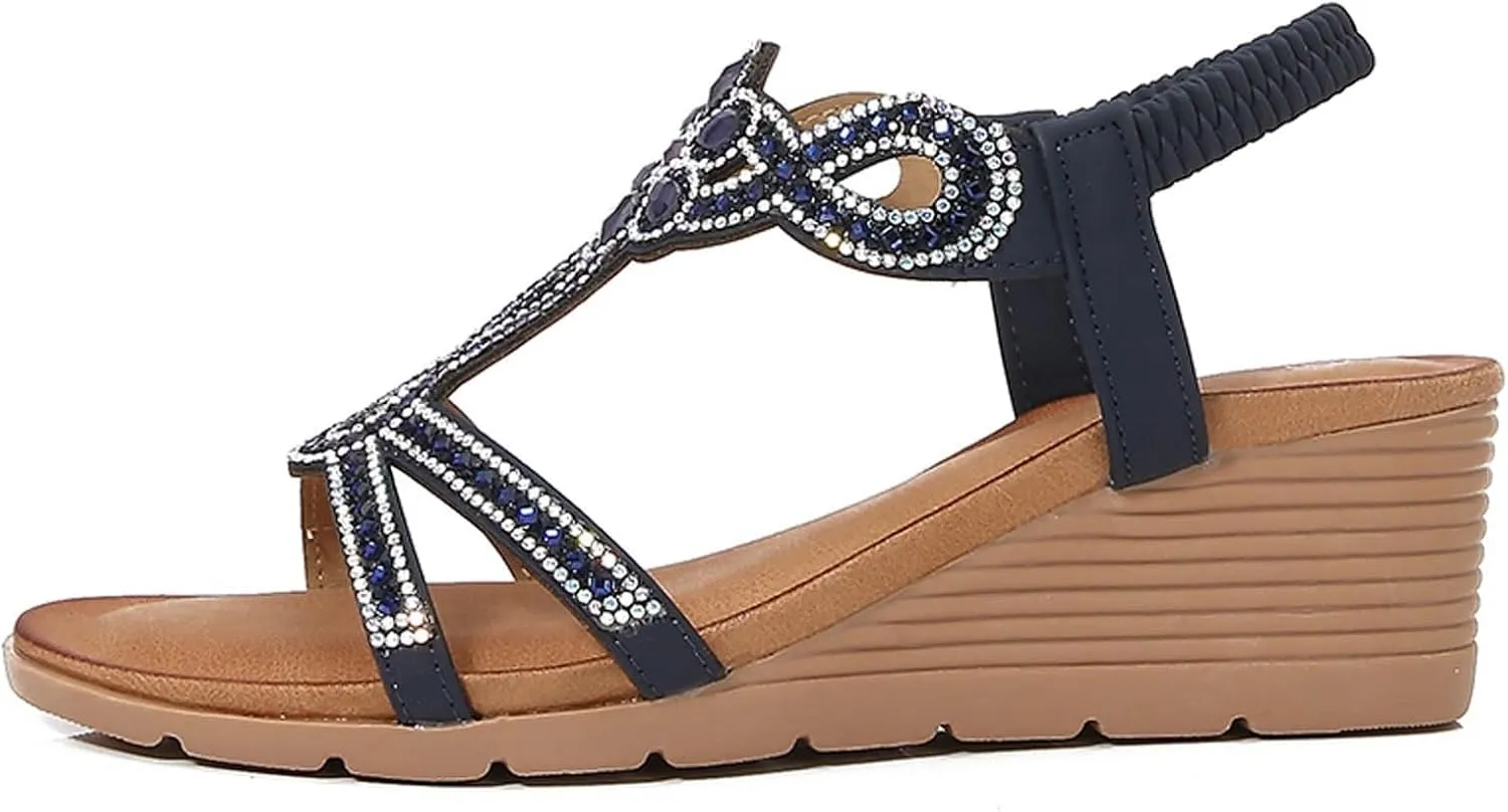 Women's Wedge Sandals Dressy Open Toe High Heel Bohemian Beach Slip On Ankle Strap Platform Sandals